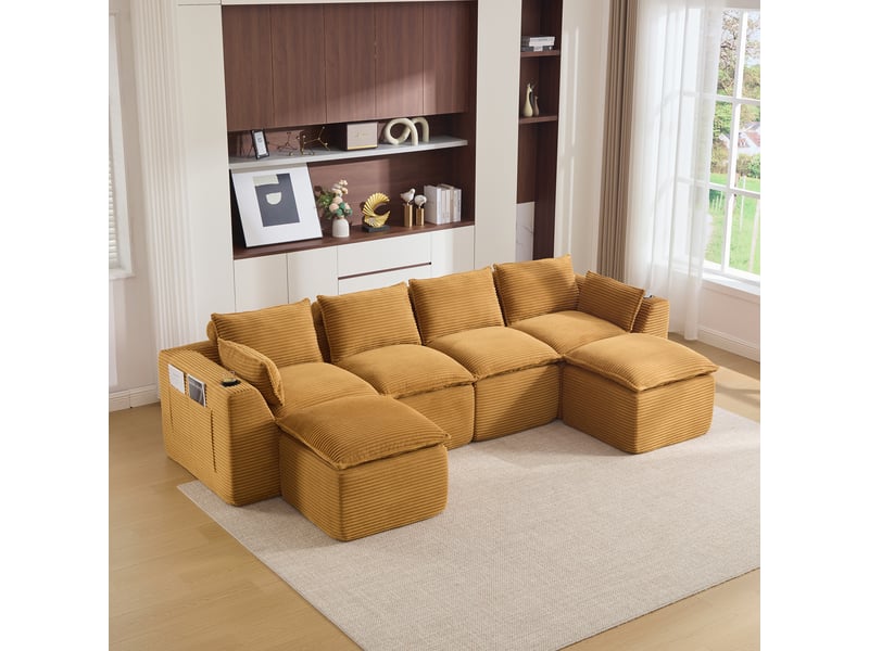 Canapé modulable 4 places en velours côtelé orange 322x161x75 cm avec 2 poufs, coussins, poches et porte-gobelet salon W3056S00075 - Conforama B