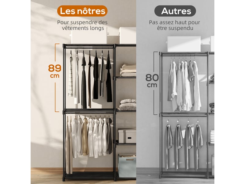  Armoire de rangement, penderie portable avec 3 barres de suspension et 4 étagères, 142 x 43 x 185 cm, noir  - Conforama E