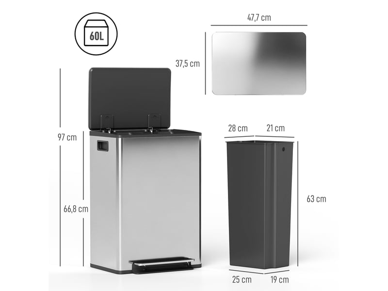  Poubelle de tri sélectif 2 x 30l en acier inoxydable argenté 47,7x37,5x66,8 cm  - Conforama C