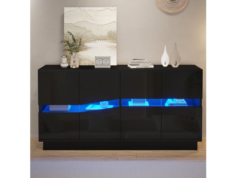 Buffet 4 portes noir brillant avec éclairage led bluetooth 140 x 35 x 70 cm - Conforama D