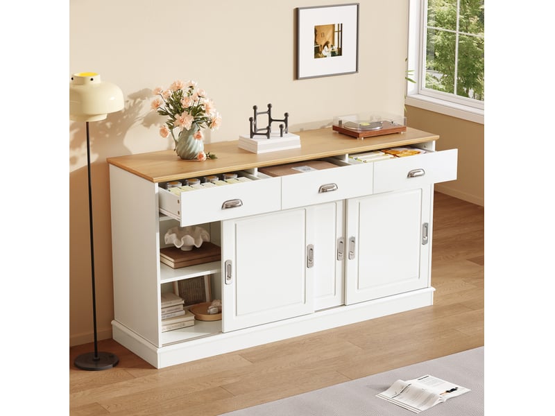 Buffet avec 3 tiroirs et 3 portes coulissantes, buffet salon blanc, 140x40x77 cm - Conforama B
