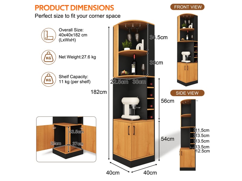  Meuble d'angle avec porte-verres, étagères ouvertes, 4 casiers à vin et placard, pour cuisine, noir, 40 × 40 × 182 cm  - Conforama D