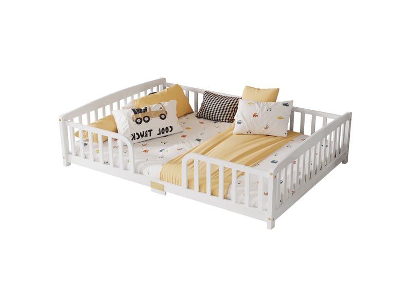  Lit enfant 140×200 cm avec barrières et ouverture centrale - okmyhome- bois de pin, sans matelas, blanc  - Conforama A