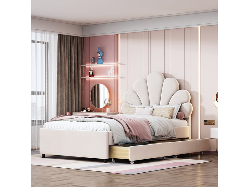  Lit enfant 90 × 200 cm 1 place avec 2 tiroirs et 2 niches, sans matelas, en velours capitonné beige  - Conforama E
