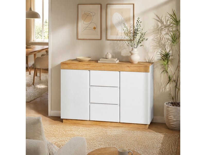  Commode avec 3 tiroirs et 2 portes, style classique, pour chambre et salon, panneau de particules blanc chêne  - Conforama B