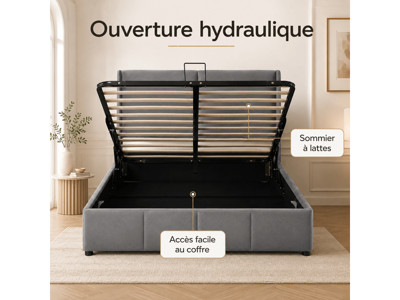 Lit adulte 140x190 cm - lit coffre double avec grand rangement hydraulique sous le lit et tete de lit capitonne - 2 personnes - cadre de lit rembourré 2 places- sommier à lattes - simple - chambre complete ado - velours - gris -… - Conforama C