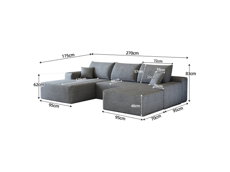  Canapé d'angle gris 270 cm - modulaire, chaise longue en l - sans montage, assise profonde - salonchambreappartement  - Conforama C