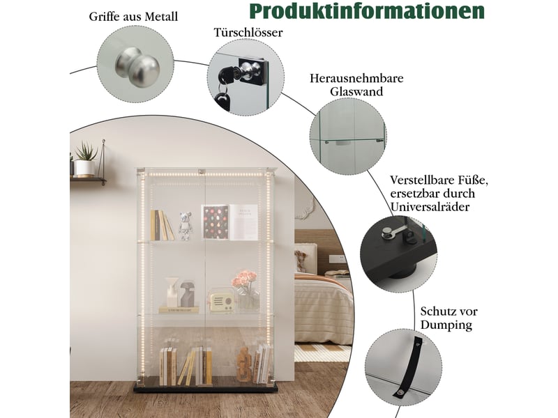  Vitrine en verre 3 niveaux double porte - noir - 78,5 x 35 x 123,5 cm - armoire d'exposition avec ruban led et base noire  - Conforama D