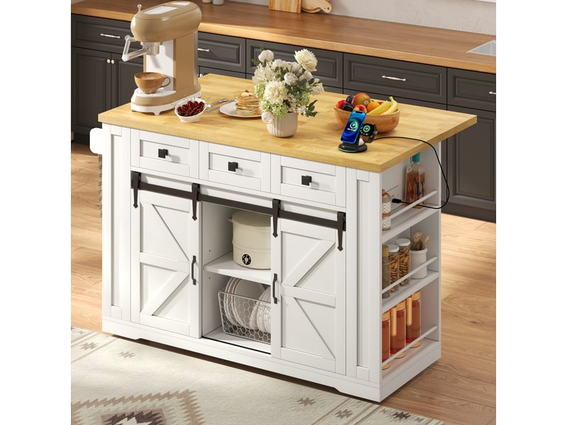 Desserte de cuisine mobile avec 3 tiroirs, plan rabattable, prises et roulettes en mdf 130×50(80)×87 cm - Conforama B