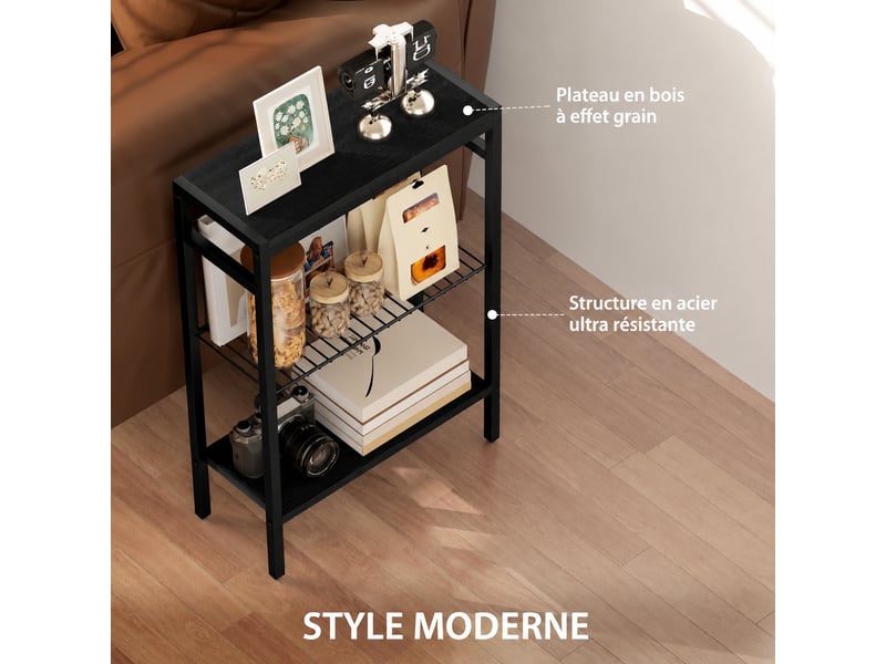  Table d'appoint industrielle noire, bout de canapé avec 3 étagères, petite table de salon gain de place, 43x18x62,5 cm  - Conforama W