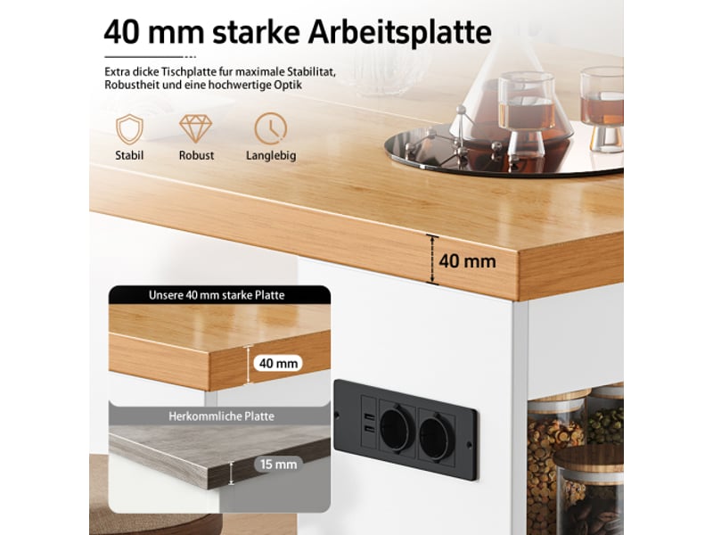  Îlot de cuisine 155x80x90 cm avec led et prises 2xac+2xusb, 3 tablettes ouvertes, mdf blanc  - Conforama R