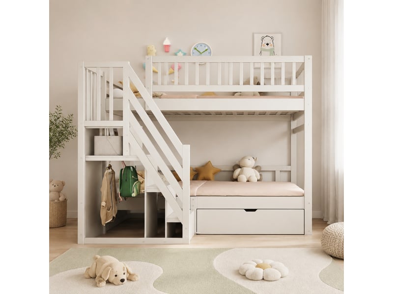 Lit superposé 140x200 cm avec garde-corps hauts, échelle de rangement et tiroirs intégrés, bois, blanc, sans matelas  - Conforama B
