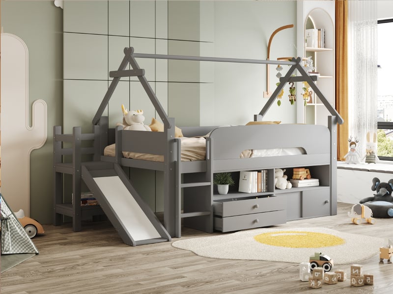 Lit mezzanine enfant 90x200 cm, cadre en forme de toit, toboggan, tiroirs, barrière, gris - Conforama B
