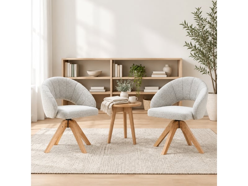  Lot de 2 chaises de salle à manger pivotantes 360° en velours texturé gris clair et bois, style rétro  - Conforama C