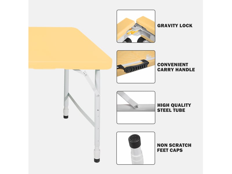  Table de jardin pliante 125x61 cm jaune, hauteur réglable 58 à 74 cm, plateau plastique et cadre acier  - Conforama D
