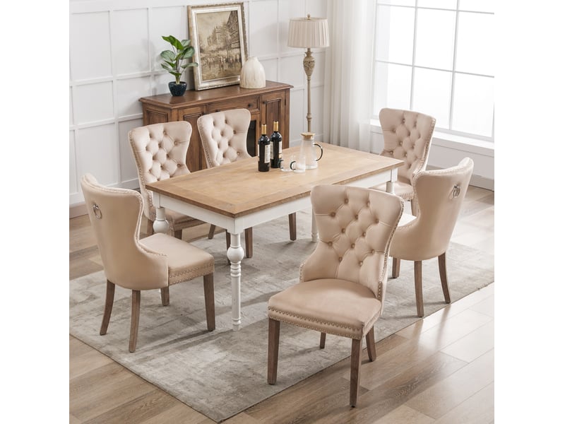 Lot de 6 chaises de salle à manger en velours beige avec pieds réglables  - Conforama C