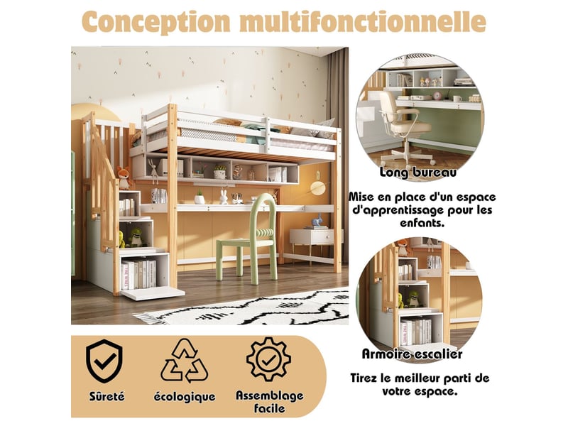  Lit mezzanine 90*200,il y a des bureaux et des étagères, lit mezzanine enfant ,des mesures de sécurité pour l'escalade  - Conforama D