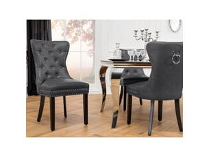 Lot de 2 chaises chesterfield regina gris anthracite en cuir artificiel capitonné – anneau argenté et pieds noirs
