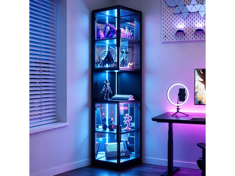 Vitrine noire avec éclairage led, meuble vitrine en verre 205 cm, portes doubles, fond miroir, étagère ouverte, pour salon - Conforama D