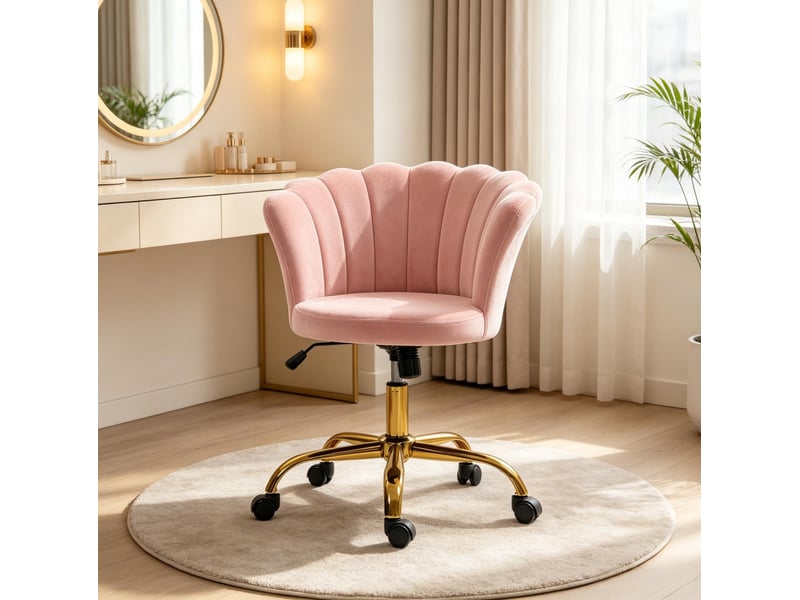 Chaise de bureau à roulettes réglable en hauteur, dossier pétale sans accoudoirs, en velours rose - Conforama C
