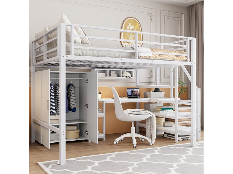  Lit mezzanine enfant 140x200 cm avec bureau, armoire et rangements blanc  - Conforama D