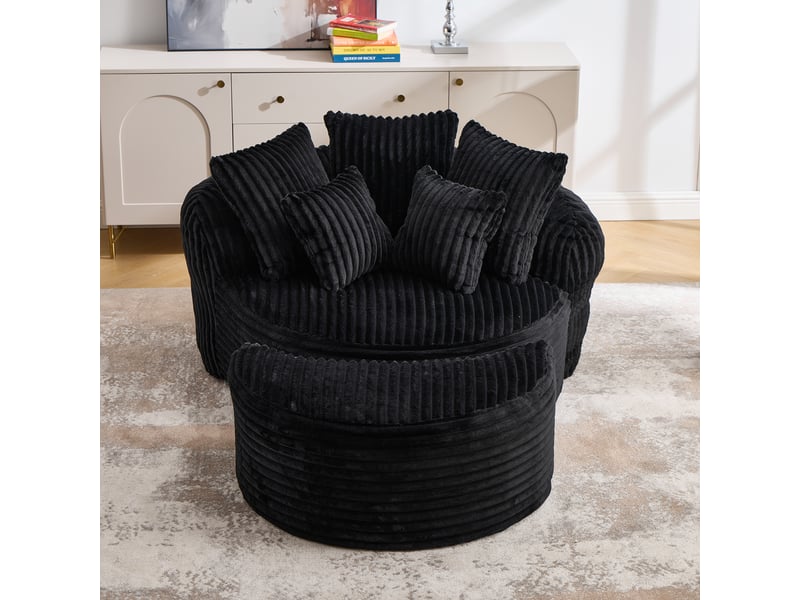 Fauteuil lounge rond oversize en chenille, avec repose-pieds et 5 coussins, sans pieds - Conforama B