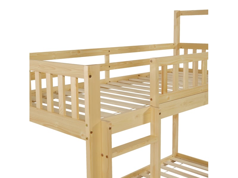  Lit superposé enfant 90x200 cm forme maison avec 2 fenêtres et escalier 3 marches, bois et mdf, naturel sans matelas  - Conforama E
