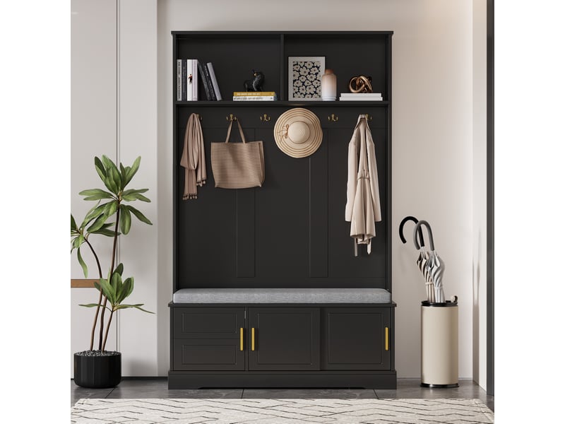  Meuble d'entrée avec banc, range-chaussures et 6 patères triples, rangement ouvert pour couloir, noir, 120 × 40 × 191 cm  - Conforama C