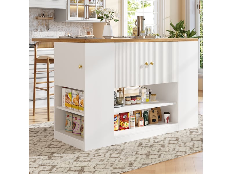  Îlot de cuisine rangement 140x40-70x90cm design moderne et élégant tiroirs plateau rabattable mdf et métal, blanc  - Conforama B