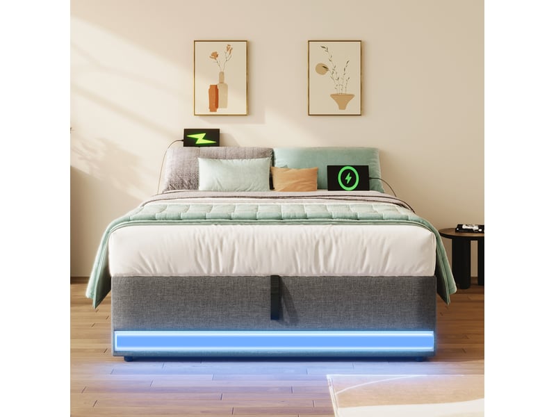 Sommier coffre 90x200 cm led multicolore usb-c poches latérales sans tête fonction design moderne lin gris sans matelas - Conforama B