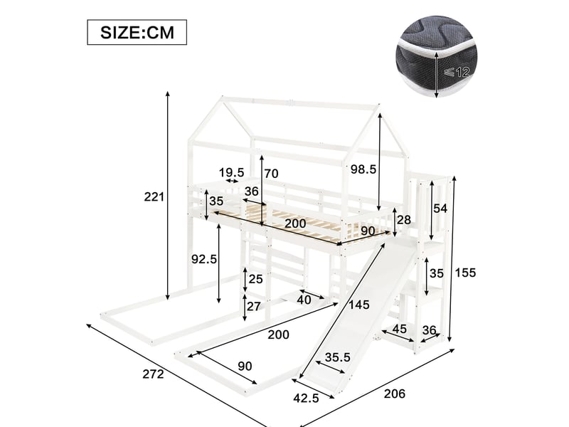  Lit superposé enfant 90x200 cm, lit 3 couchages avec toboggan, toit et rangement supérieur, mdf, blanc, sans matelas  - Conforama C