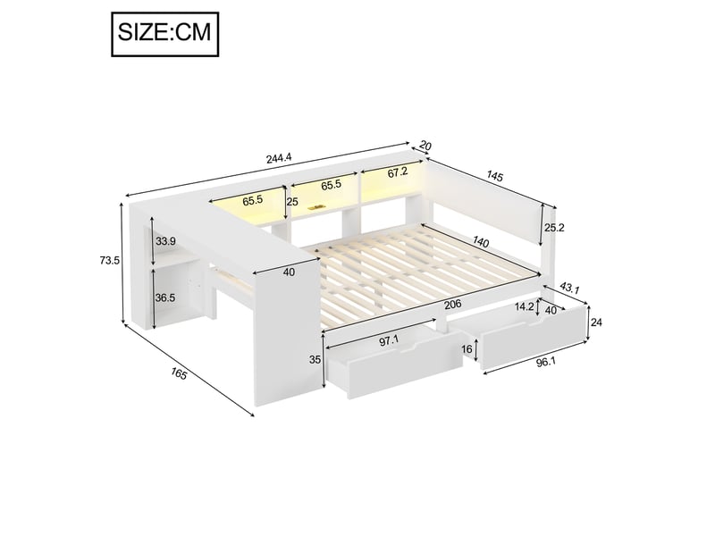  Lit avec rangement 140x200cm coloris blanc mdf led lit enfant blanc - Conforama C
