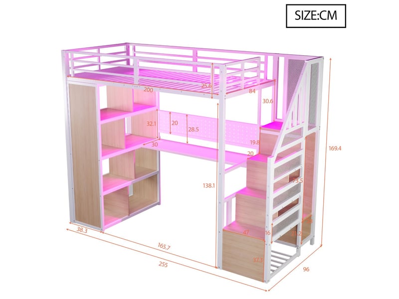  Lit combine enfant 90x200, structure métal robuste lit enfant, rangement intégré, bureau avec prises ue, led multicolore  - Conforama C