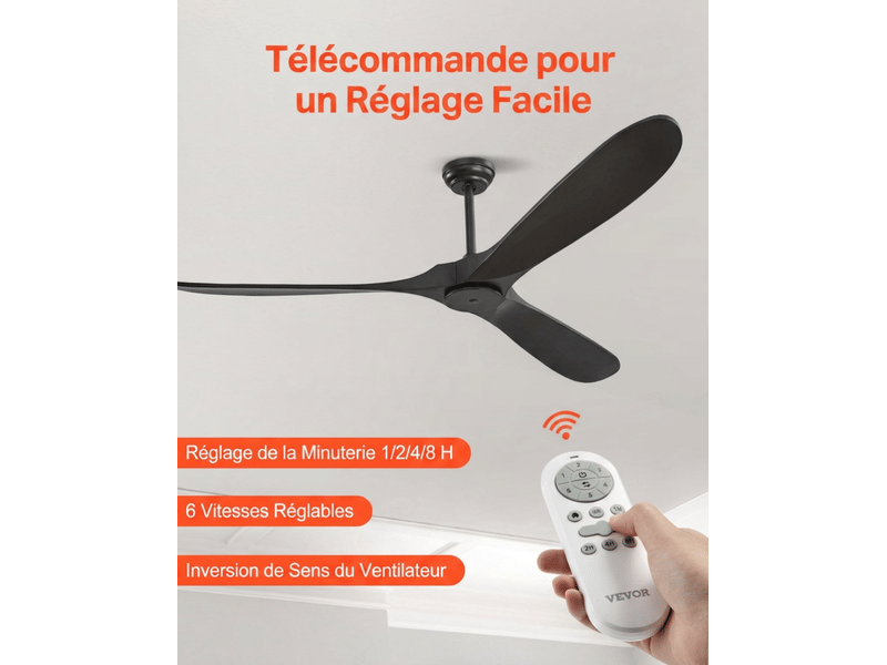  Ventilateur de plafond 72 pouces sans lumière, 3 pales bois noir, moteur dc avec télécommande pour salon et patio  - Conforama E