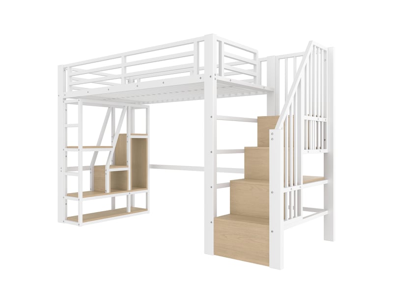  Lit mezzanine blanc 90 × 200 cm, cadre métal, led, rangements, échelle et garde-corps  - Conforama D