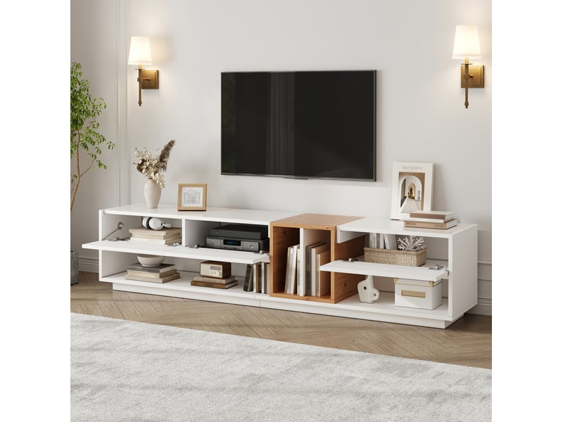 Meuble tv 190x38x42 cm, éclairage led piloté via application, 3 portes, rangement ouvert, en aggloméré blanc  - Conforama D