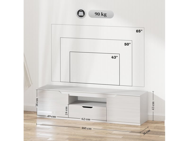  Meuble tv bas en bois blanc 160 cm avec 2 portes, tiroir et gestion des câbles  - Conforama C