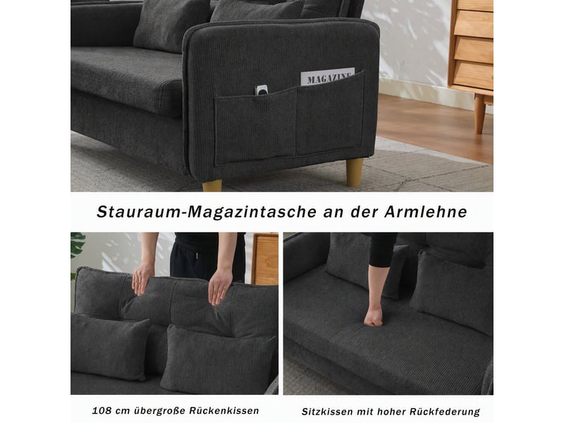 Canapé 2 places en tissu chenille gris foncé avec rangement latéral et accoudoirs rembourrés - Conforama E