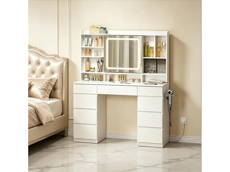  Coiffeuse 110x40x140 cm blanche en bois d'ingénierie et verre, miroir coulissant avec éclairage led  - Conforama B