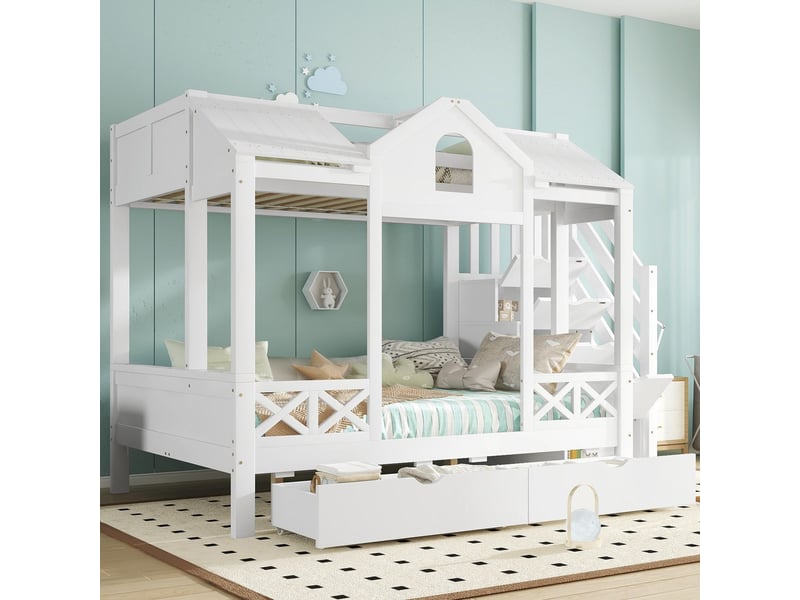  Lit superposé 90140x200cm - 2 tiroirs &amp; escalier de rangement - lit superposé enfant - toit, fenêtre, pin, blanc  - Conforama B