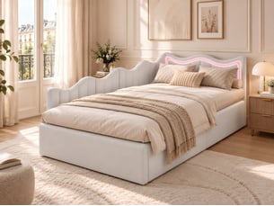 Lit simple canapé-lit banquette coffre 90x200 led velours teddy blanc kefsr avec sommier à lattes et vérins - lit d'appoint moderne