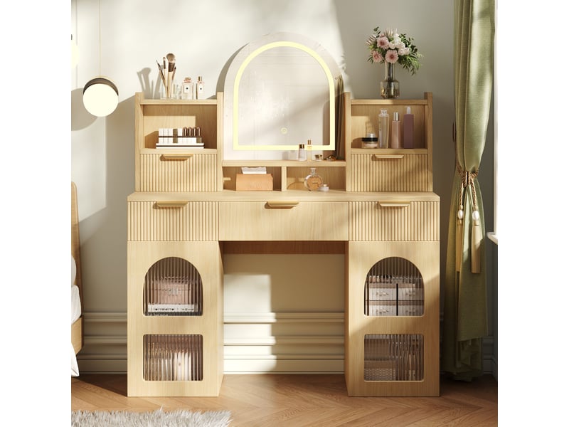  Grande coiffeuse led avec miroir et rangement - 3 tiroirs, 2 vitrines, étagères réglables, bois naturel, 120 x 40 x 139,5 cm  - Conforama D