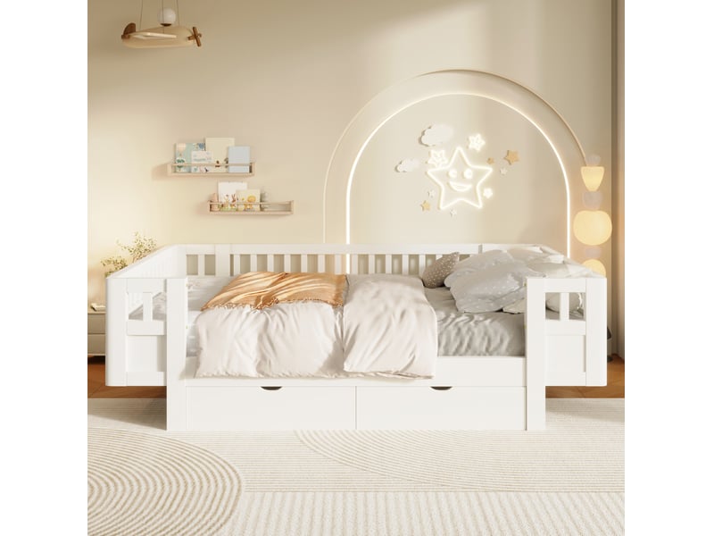  Lit plateforme avec rangement modenvie 140 x 200 cm avec barrière de sécurité et 2 grands tiroirs, blanc  - Conforama E