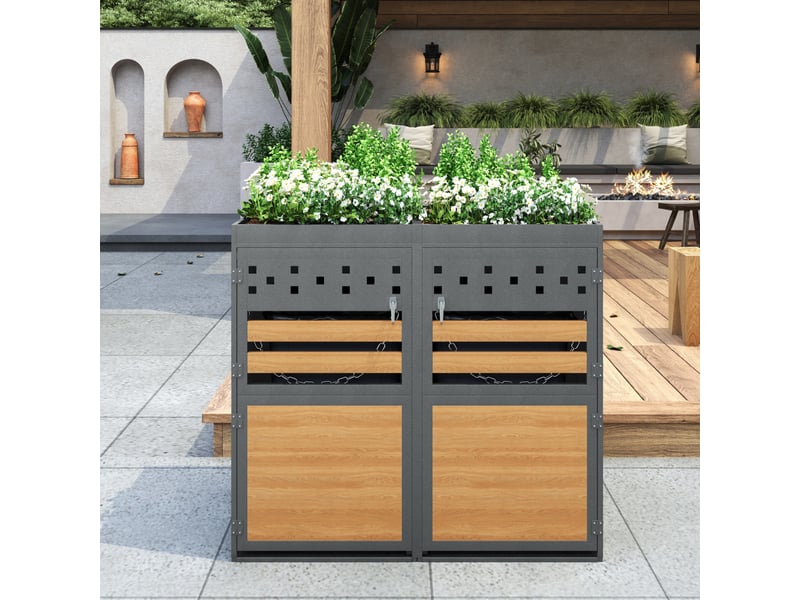  Coffre double pour bacs à déchets 132x80x125 cm toit à planter métal anthracite et aspect bois  - Conforama B