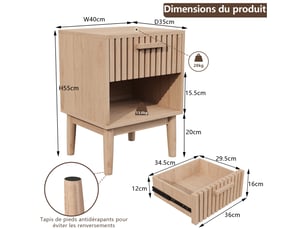 Lot de 2 tables de chevet en bois effet chêne - 40x35x55 cm - design à lattes avec 1 tiroir et 1 niche ouverte
