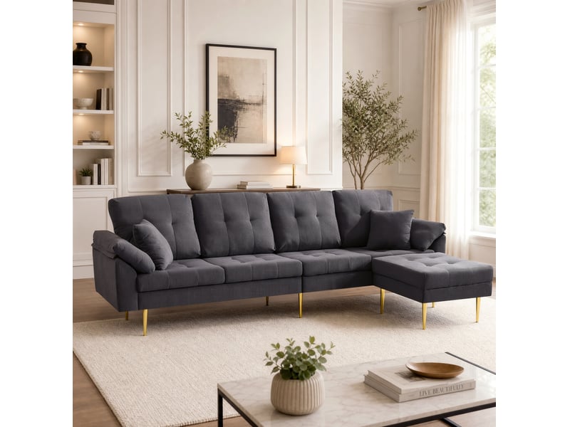 Canapé 4 places modulable avec pouf, 250x70x71 cm, pieds en métal, couleur gris foncé - Conforama D