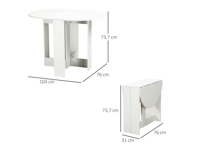  Table salle à manger pliante, 2 rallonges rabattables, 2-4 pers., 104x76x73,7 cm, blanche.  - Conforama E