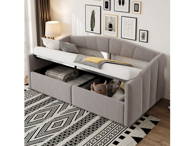 Lit enfant 90 x 200 cm, rangement grand volume, dossier et accoudoirs, tissu velours gris clair sans matelas - Conforama W