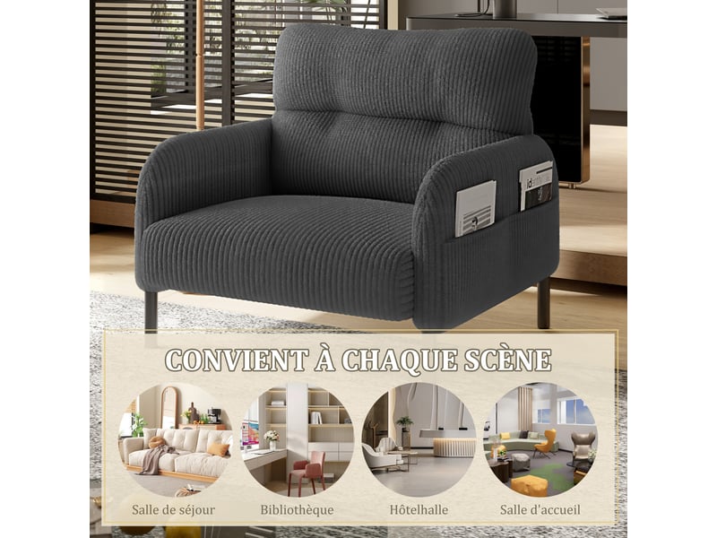  Fauteuil de lecture avec assise profonde, dossier ergonomique et poche latérale en velours côtelé gris, 67 × 75 × 79 cm  - Conforama E