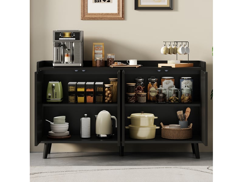  Buffet bas de cuisine 4 portes avec étagères réglables et rangement ouvert en mdf noir pour salon 140 × 40 × 84 cm  - Conforama D